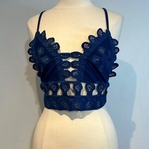 Gilbert blue Faux Suede Eyelet Cut Out Cross Back Bralette top size medium
